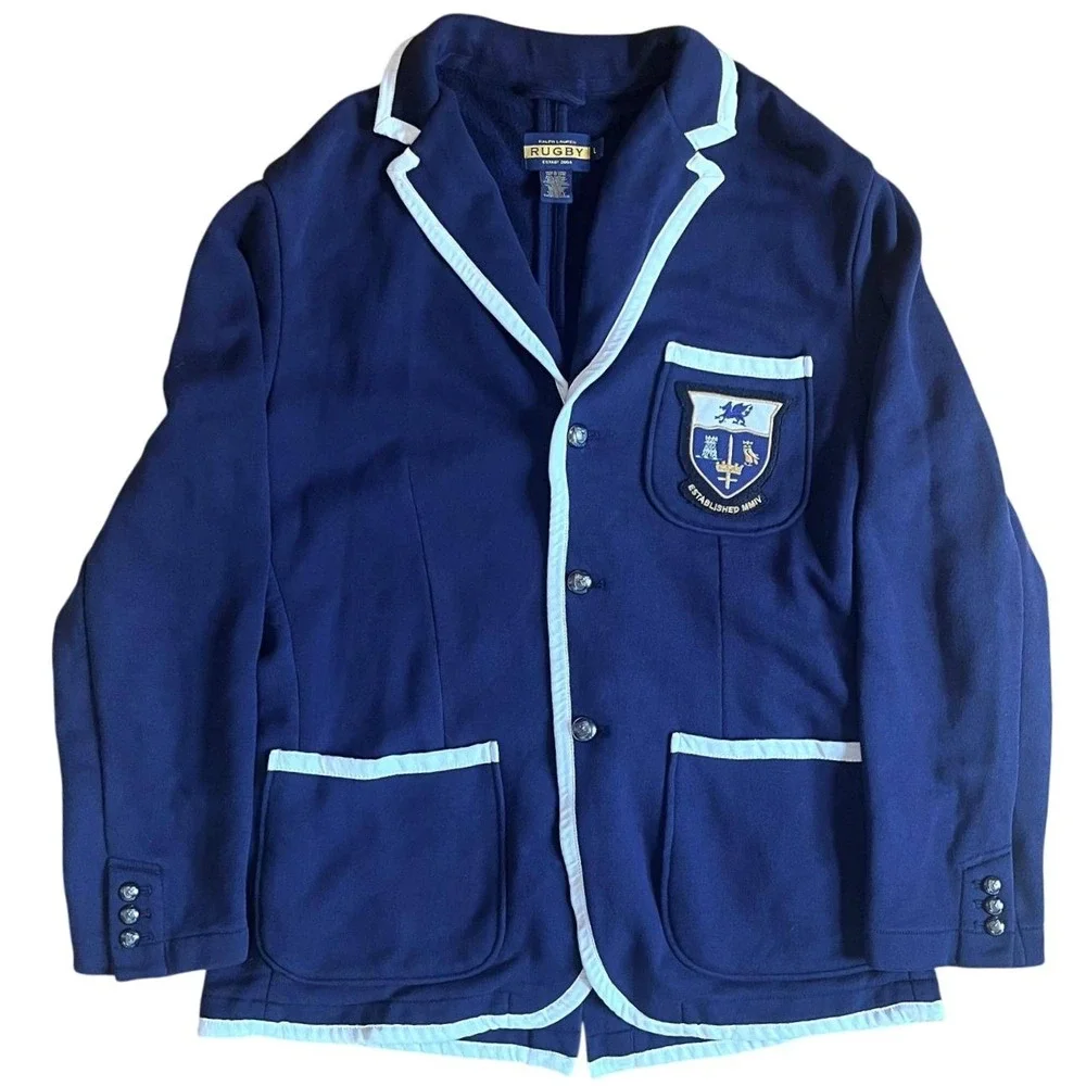 Ralph Lauren Rugby Mens Navy Fleece Blazer Crest Patch Preppy Ivy Jacket Large